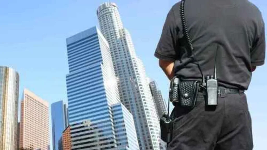 Security guard standing outside a residential property, providing home protection services.