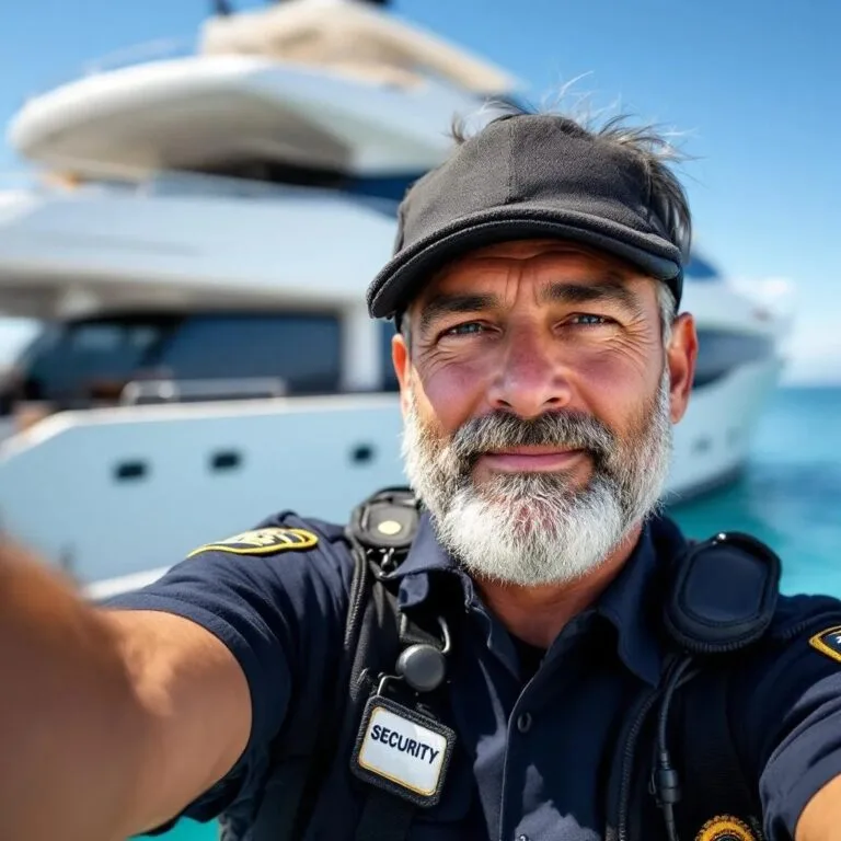 Private security guard stationed in front of a docked luxury yacht.