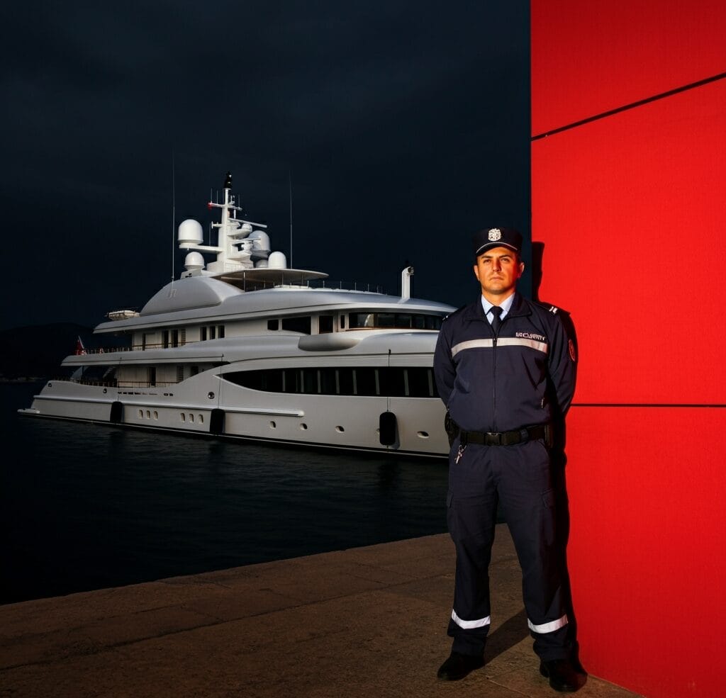 Trained security guard ensuring safety on a luxury boat.