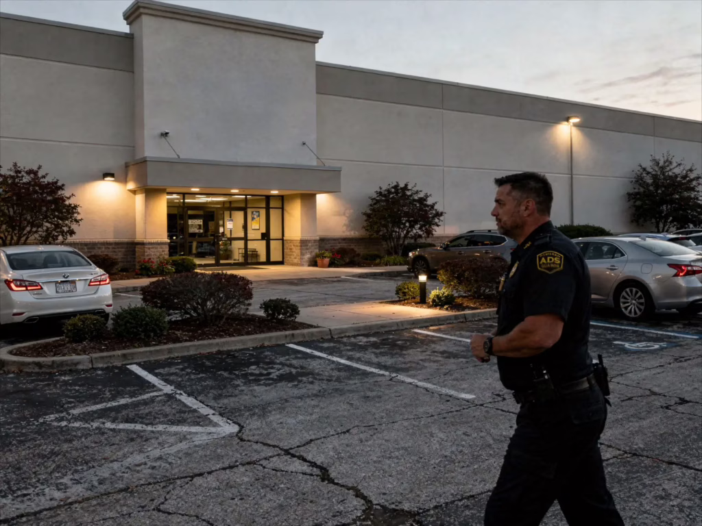 ADS Guards security guard performing a routine patrol check across a commercial property parking lot at early evening.