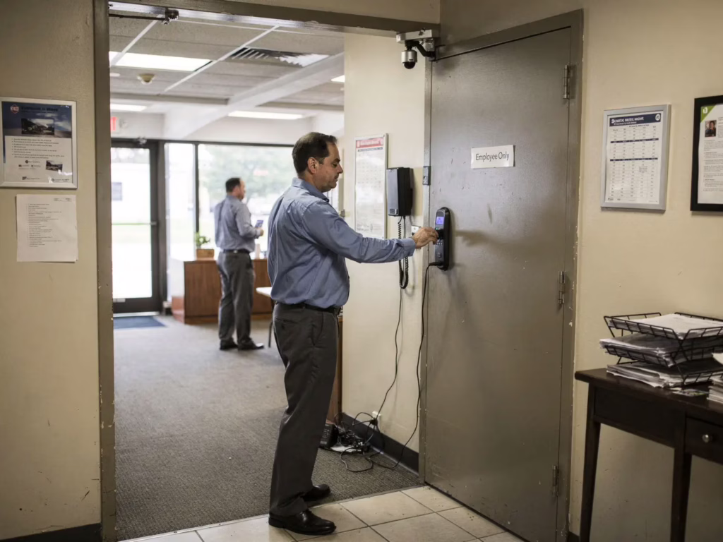 Workplace violence prevention plan showing employee using access control system at restricted area door