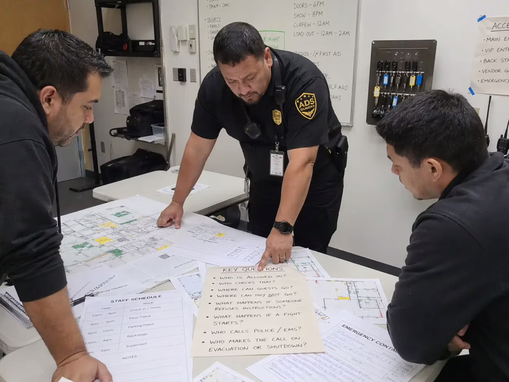 ADS Guards security supervisor reviewing event security plan questions with organizers before an event