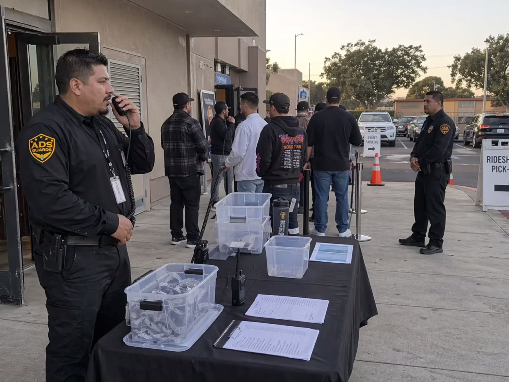 ADS Guards event security team managing entry control and guest flow outside a California event venue