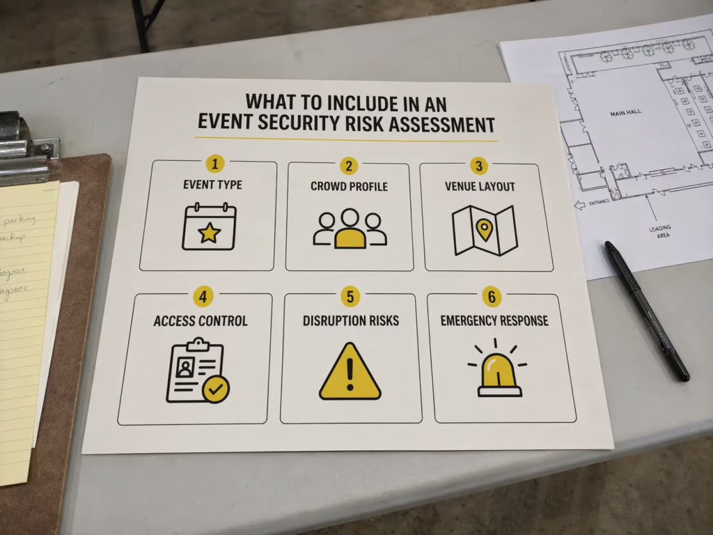Event security risk assessment checklist on a table, highlighting key factors like event type, crowd profile, venue layout, access control, disruption risks, and emergency response, with a venue floor plan and notes nearby.