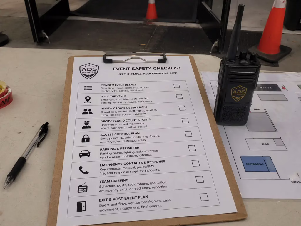 Printable event safety checklist with access control, emergency contacts, crowd risk, parking, and post-event steps