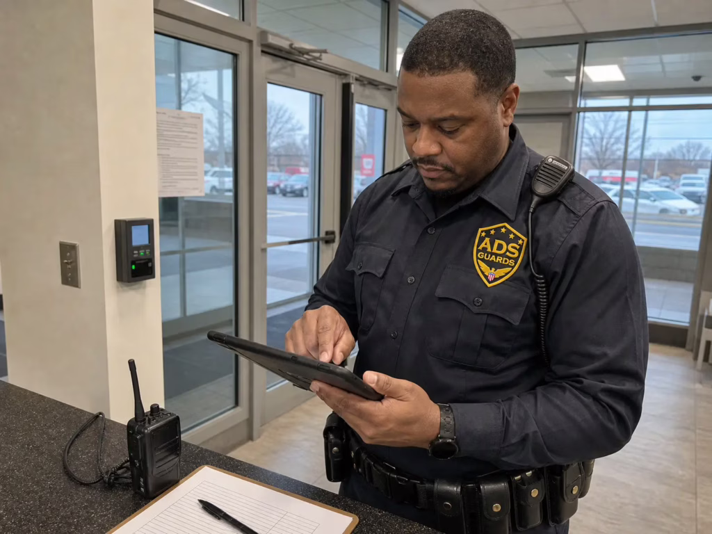 ADS Guards security guard in uniform completing a patrol report at a client property after checking access points.