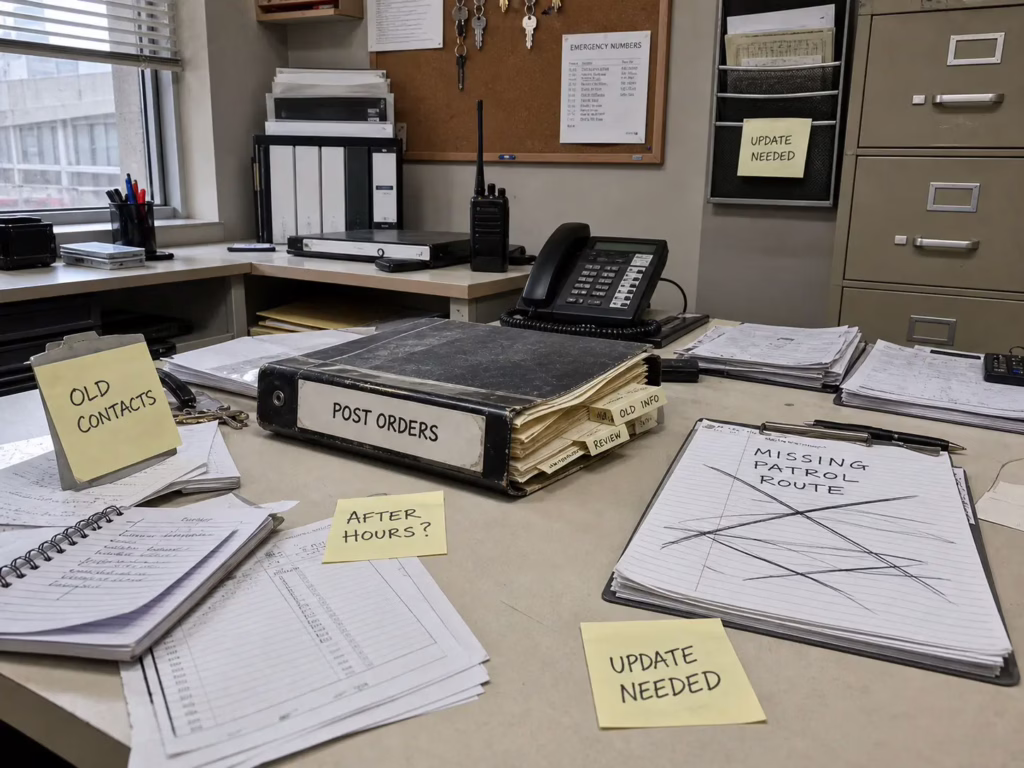 Outdated security post orders binder with old contacts, missing patrol route notes, and update reminders on a property management desk.