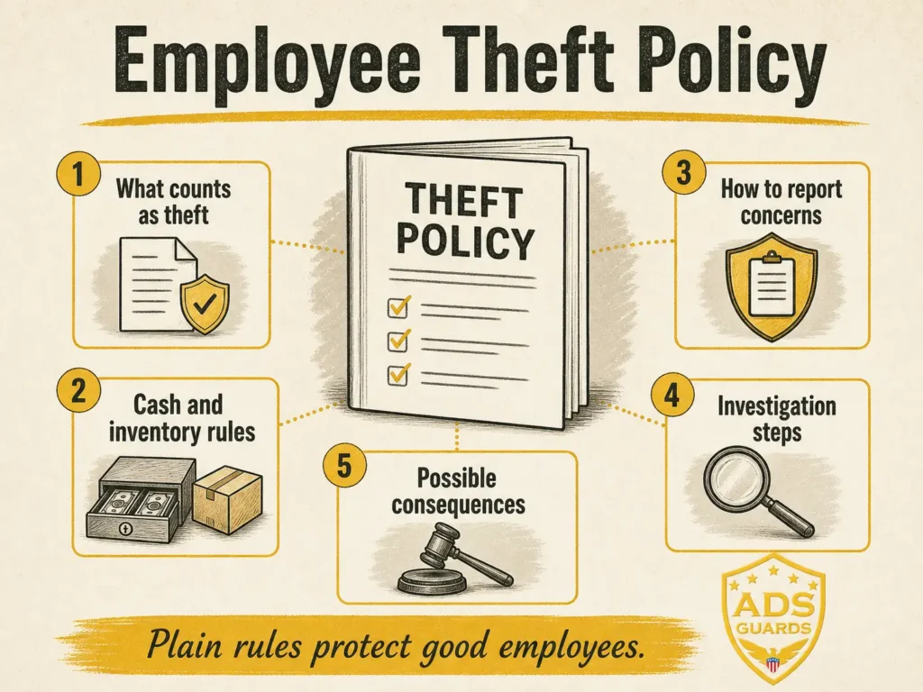 Infographic explaining what to include in a clear employee theft policy for cash, inventory, reporting, investigations, and consequences