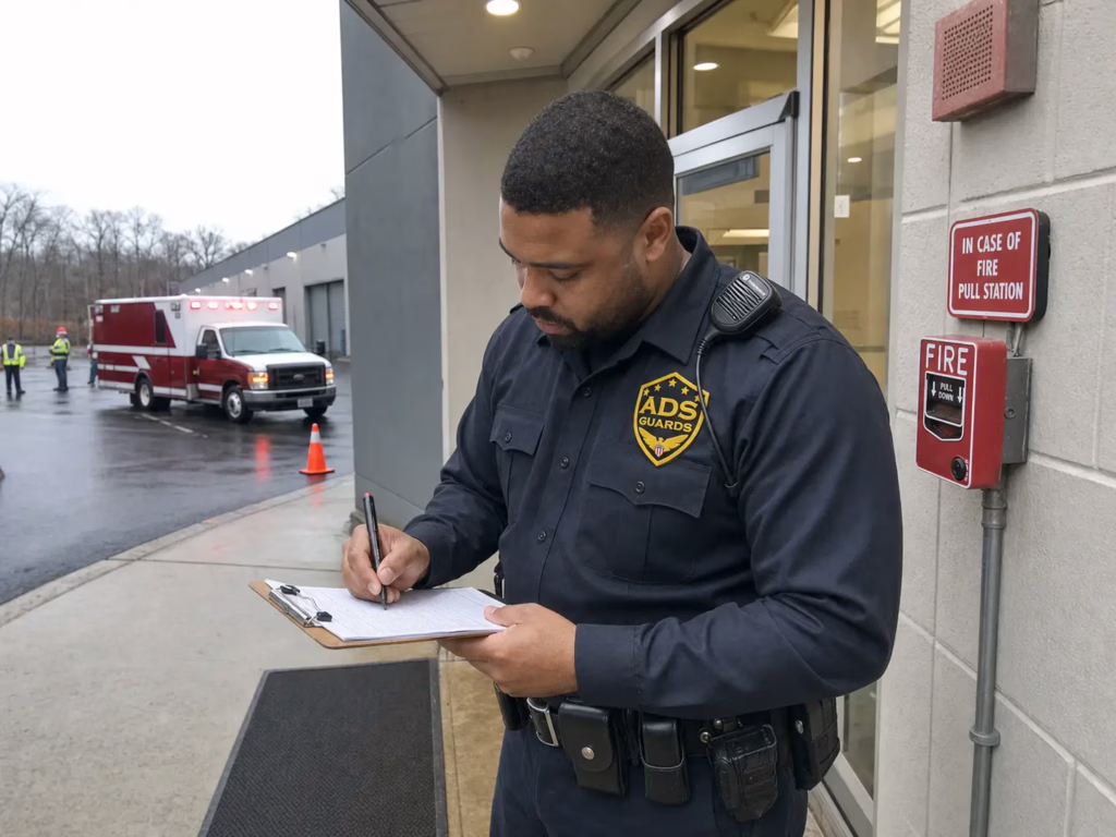 ADS Guards security guard documenting an emergency response timeline near a commercial building entrance after responders arrive.
