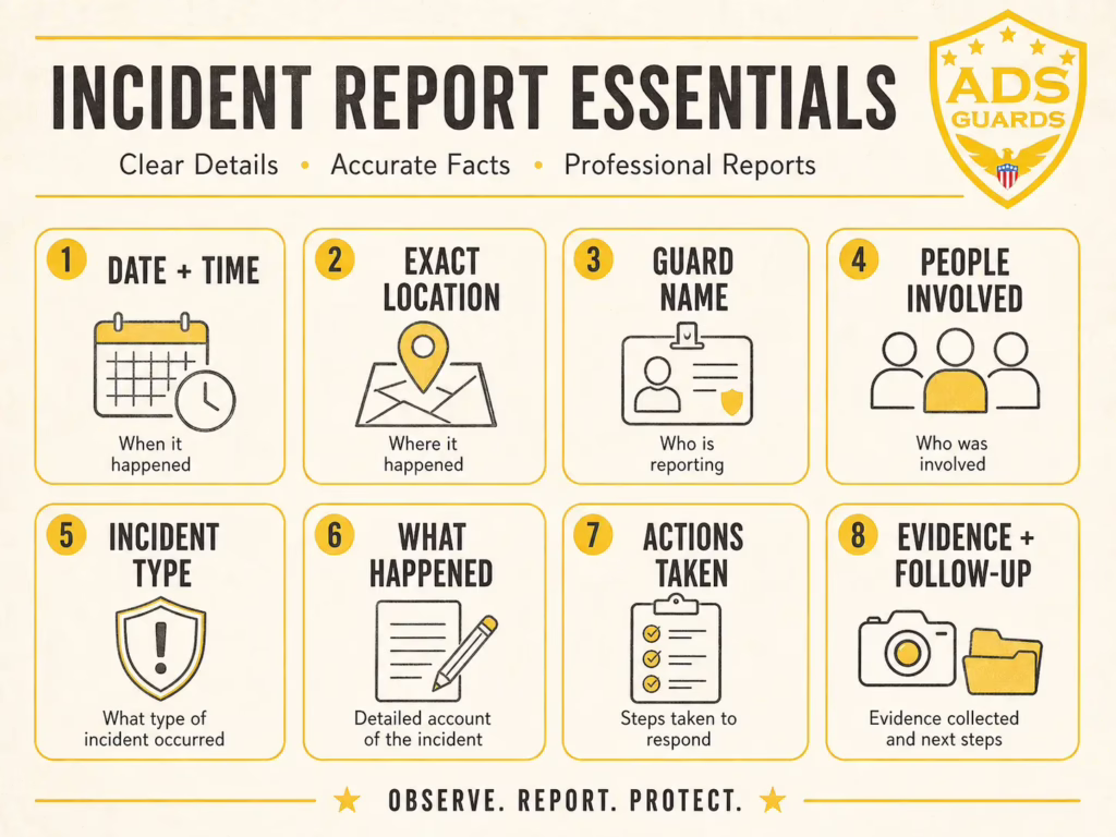 ADS Guards infographic showing the essential sections of a security guard incident report, including time, location, people involved, actions taken, evidence, and follow-up.