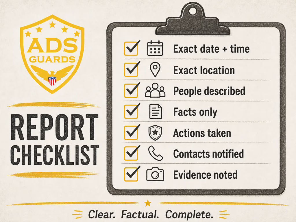 ADS Guards checklist infographic for better security guard incident reports with reminders for time, location, facts, actions, contacts, and evidence.