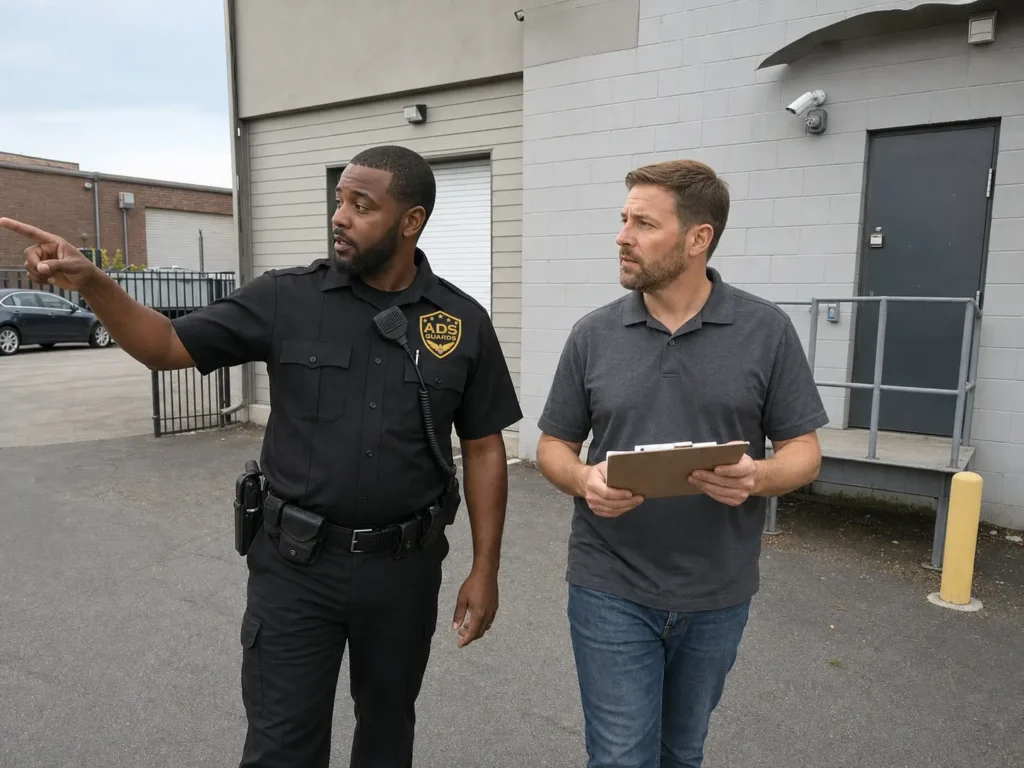 ADS Guards security guard walking a commercial property with a business owner during a workplace security assessment
