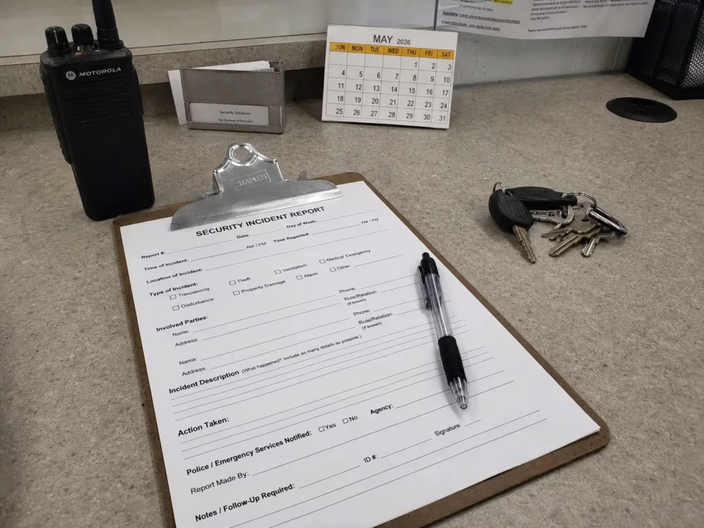 Clipboard incident report form on a security desk showing the basic details guards document after an unusual event.