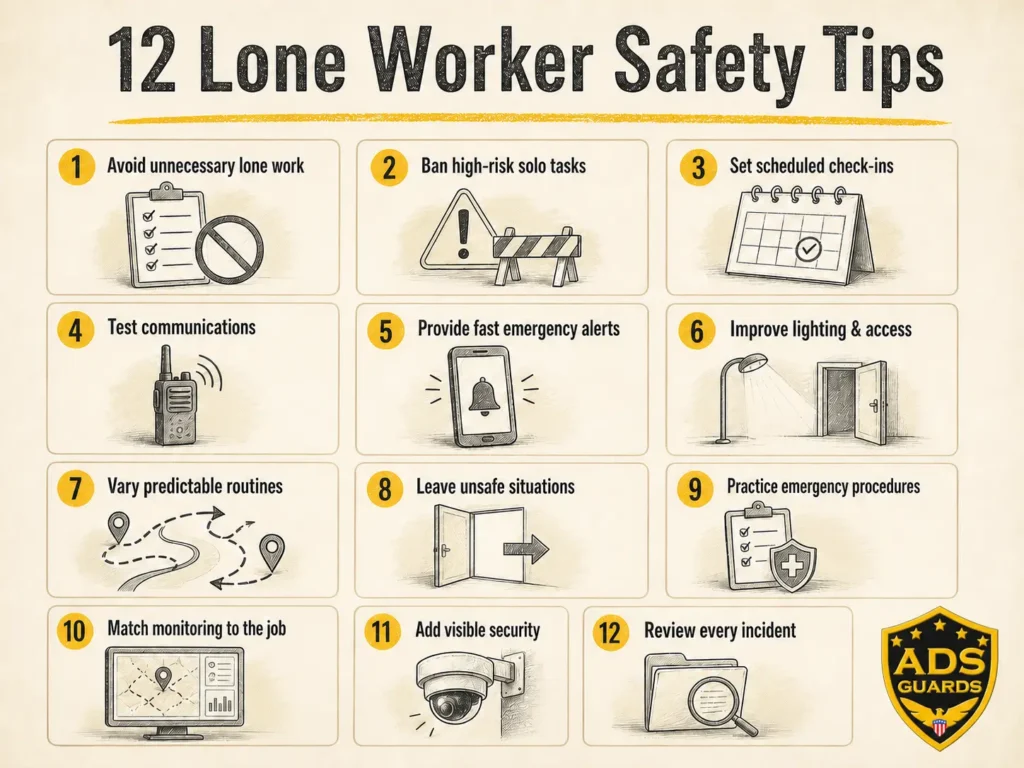ADS Guards infographic presenting 12 lone worker safety tips for check-ins, communication, emergency response, lighting, monitoring, and incident review.