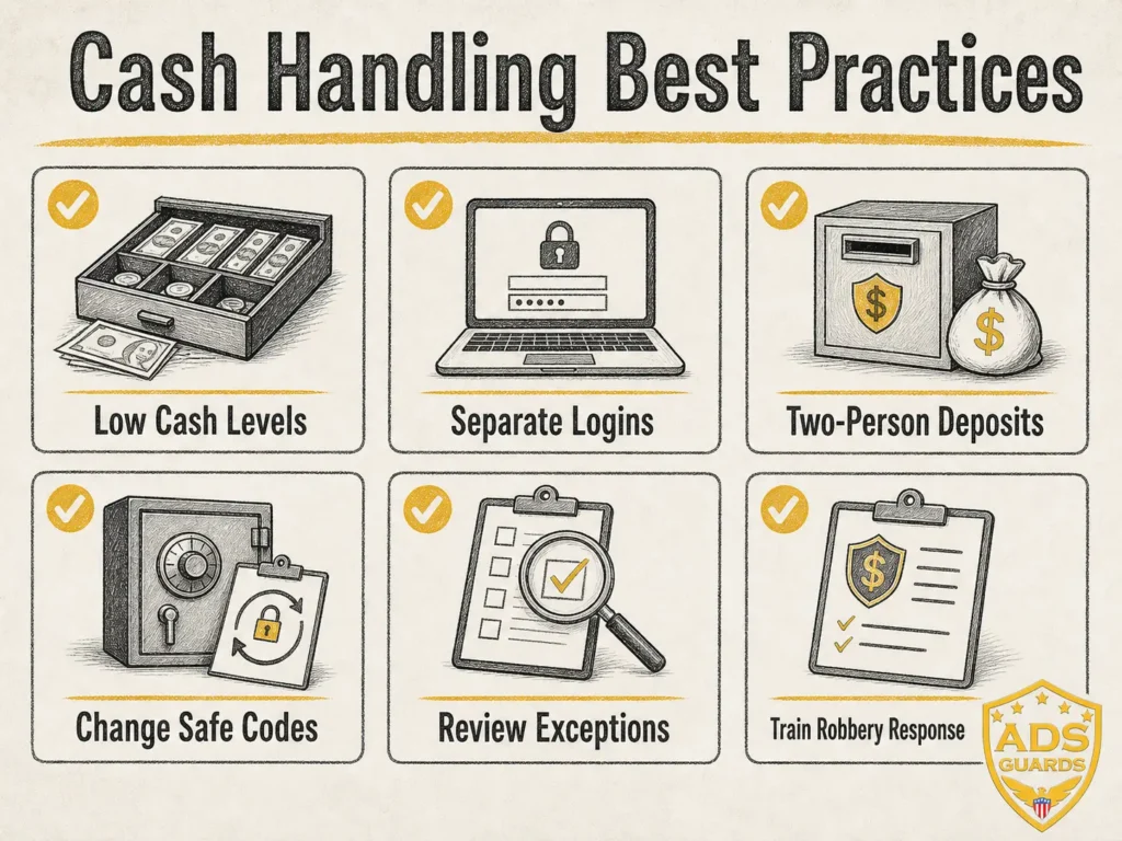 ADS Guards infographic showing cash handling best practices for low cash levels, logins, deposits, and robbery response.