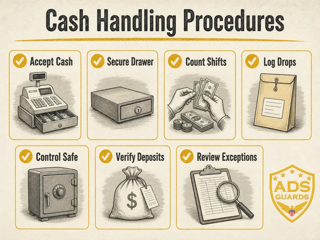 Cash handling procedures infographic with drawer security, cash drops, safe control, and deposit verification.