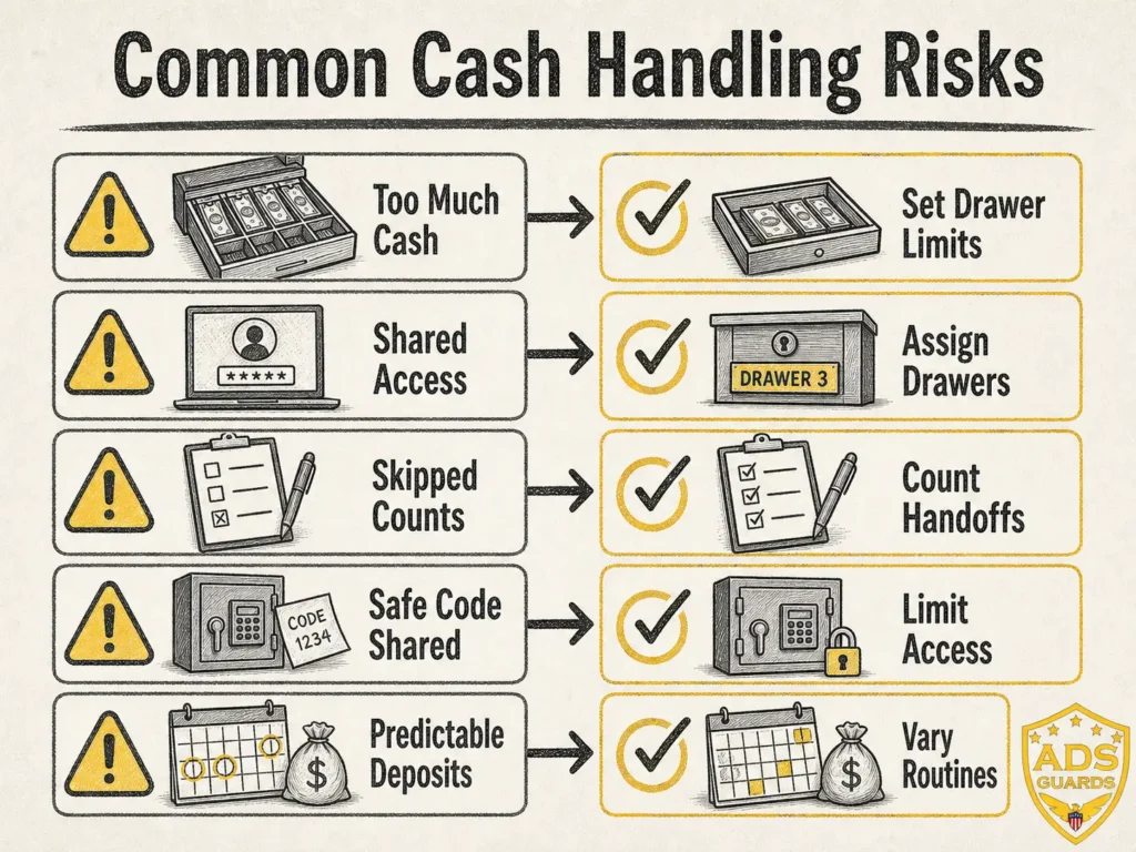 ADS Guards infographic showing common cash handling risks and controls for business cash security.
