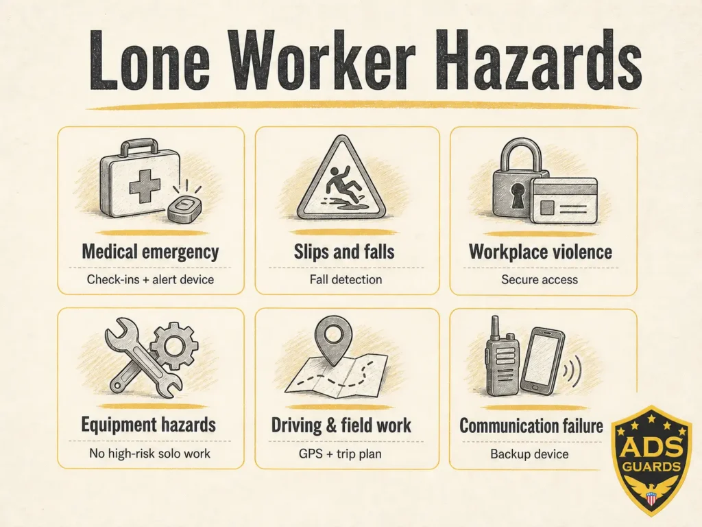 Infographic showing six lone worker hazards, including medical emergencies, falls, workplace violence, equipment hazards, field work, and communication failure.