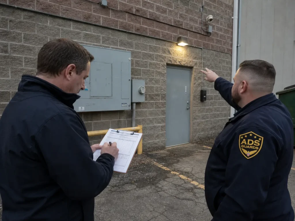 ADS Guards security guard and facility manager completing a lone worker risk assessment at a commercial rear entrance.