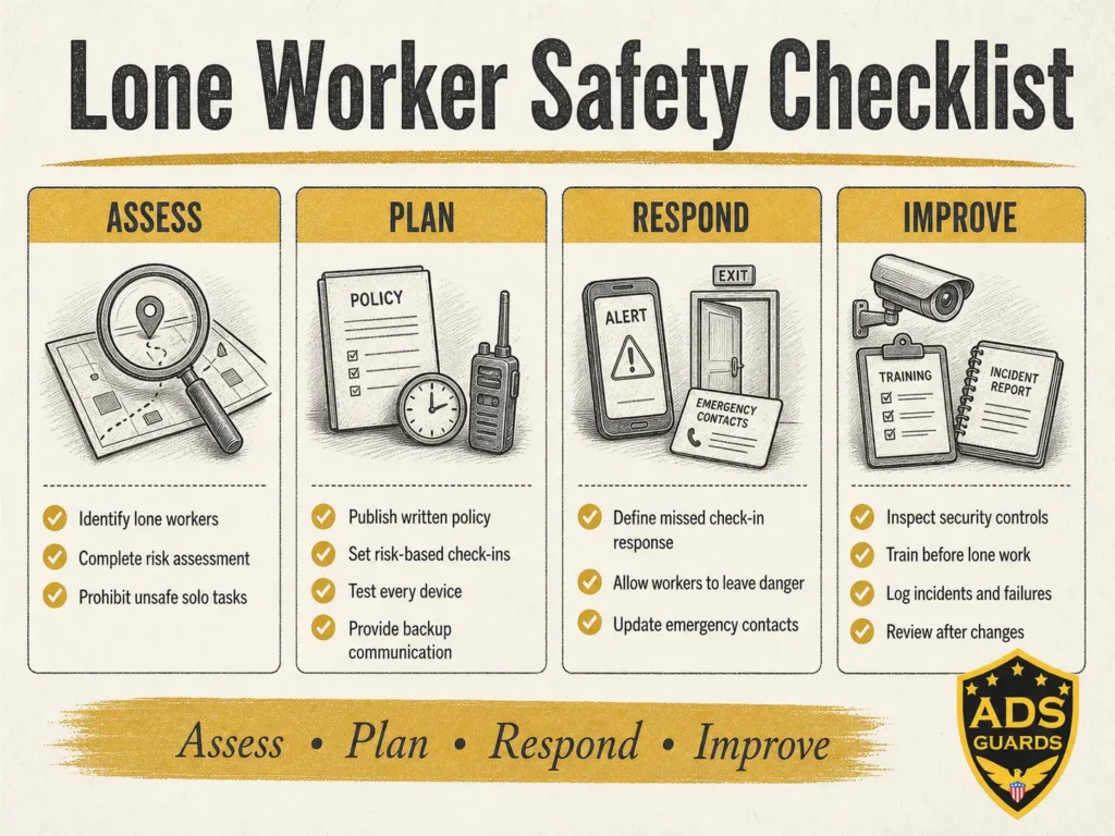 ADS Guards lone worker safety checklist organized into assessment, planning, emergency response, and continuous improvement steps.