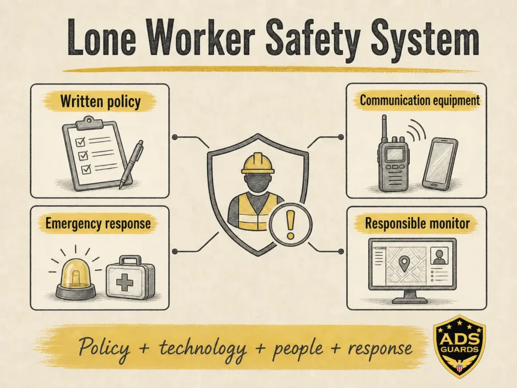 ADS Guards lone worker safety system infographic connecting a written policy, communication equipment, emergency response, and a responsible monitor.