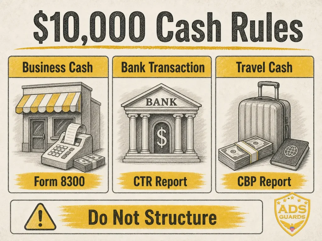 $10,000 cash rules infographic comparing Form 8300, bank CTR reports, and CBP cash reporting.