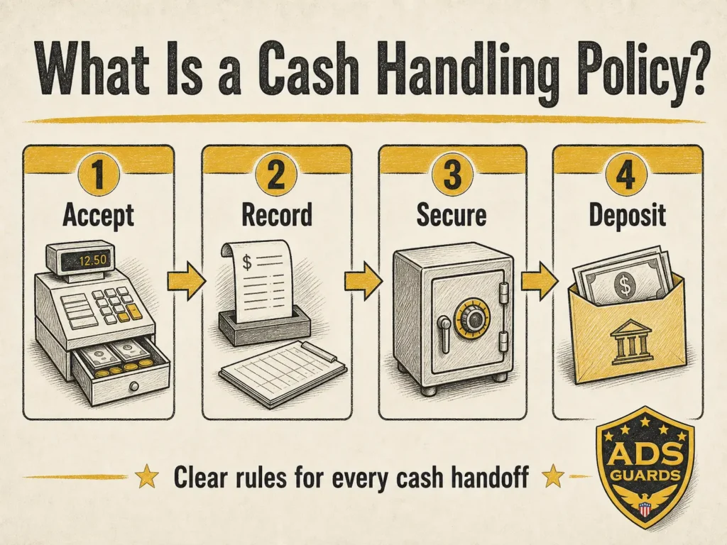 Infographic explaining what a cash handling policy is with accept, record, secure, and deposit steps.