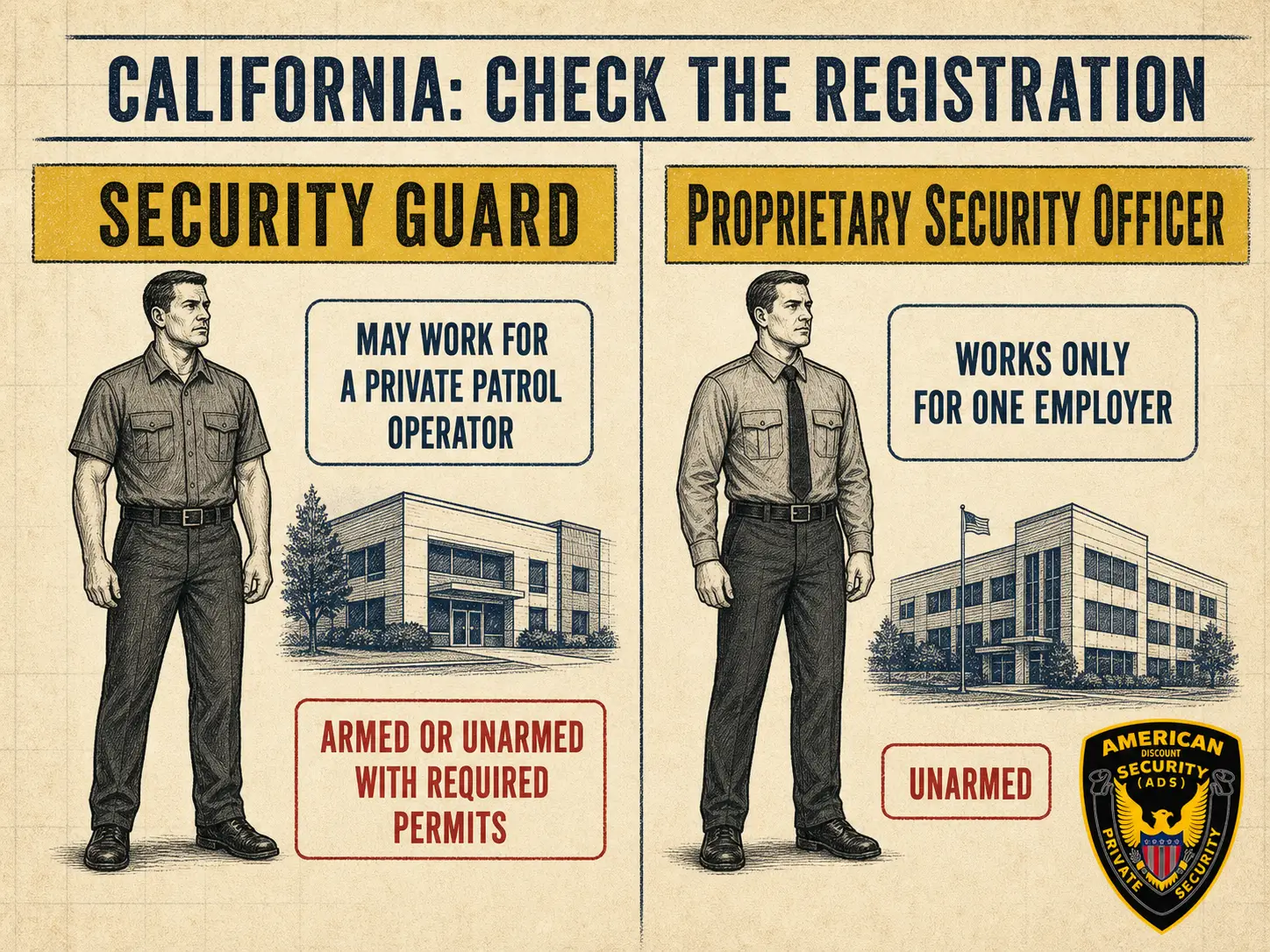 California infographic comparing a security guard with a Proprietary Security Officer and their registration differences.