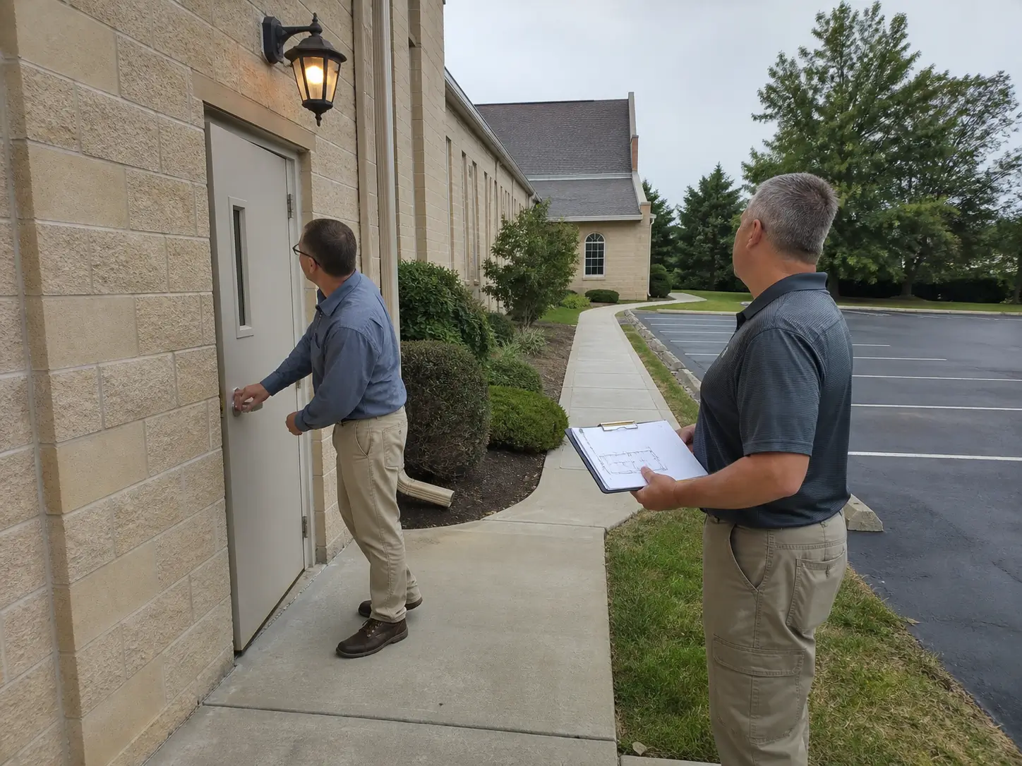 Two male church staff members inspect a side entrance, lighting, walkway, and parking area during a church security walk-through.
