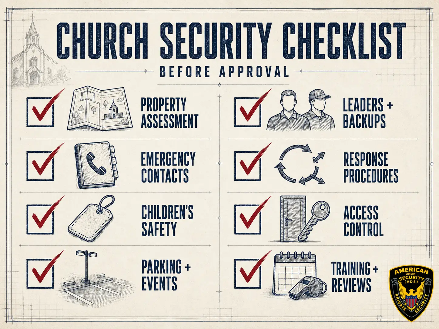 American Discount Security (A.D.S.) Security Guards church security checklist covering property assessment, leadership backups, emergency contacts, procedures, children's safety, access control, parking, and training.