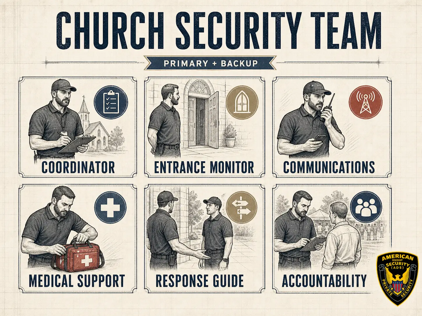 American Discount Security (A.D.S.) Security Guards infographic showing six church security team roles: coordinator, entrance monitor, communications, medical support, response guide, and accountability.