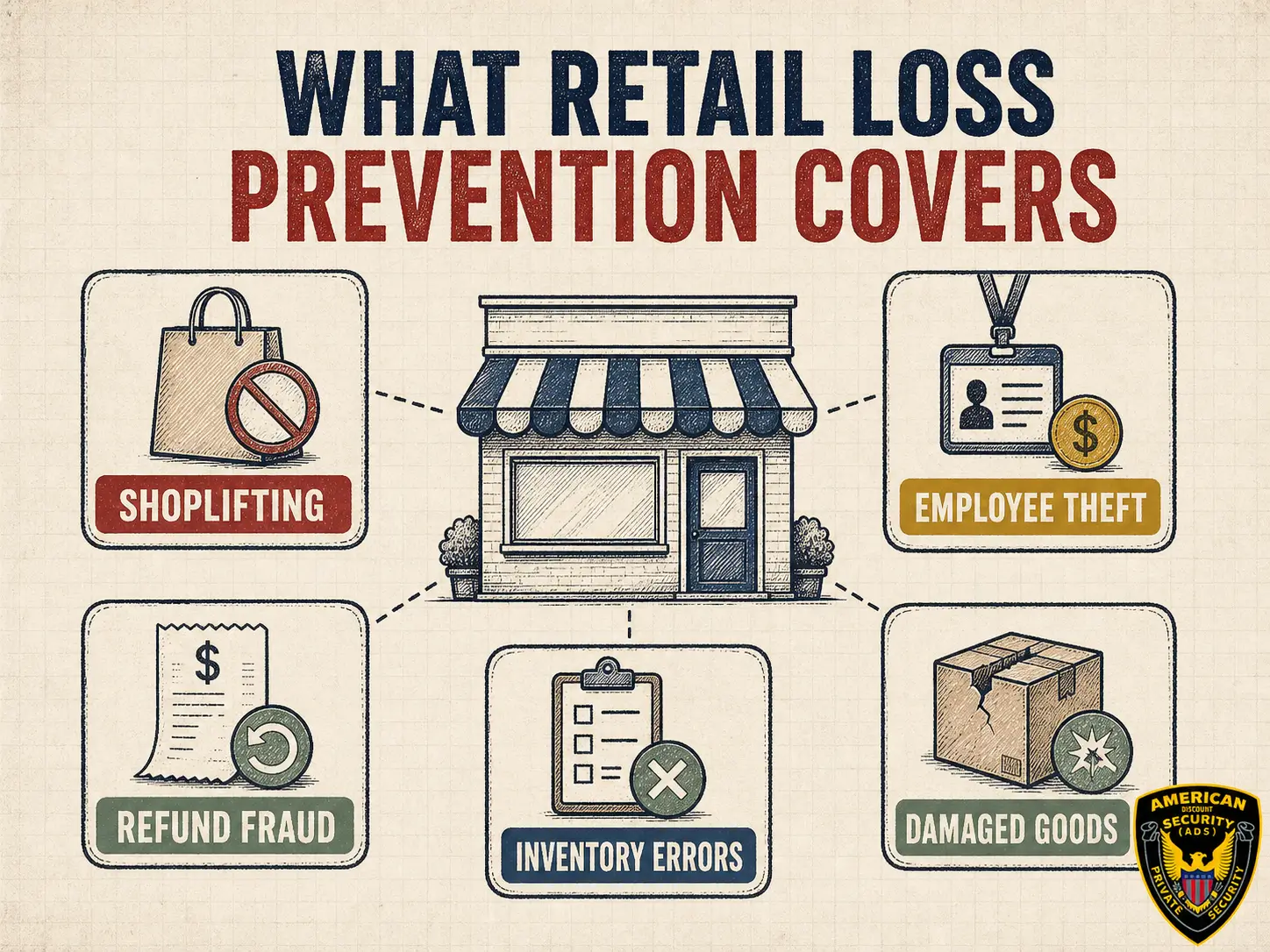 Infographic showing shoplifting, employee theft, refund fraud, inventory errors, and damaged goods as sources of retail loss