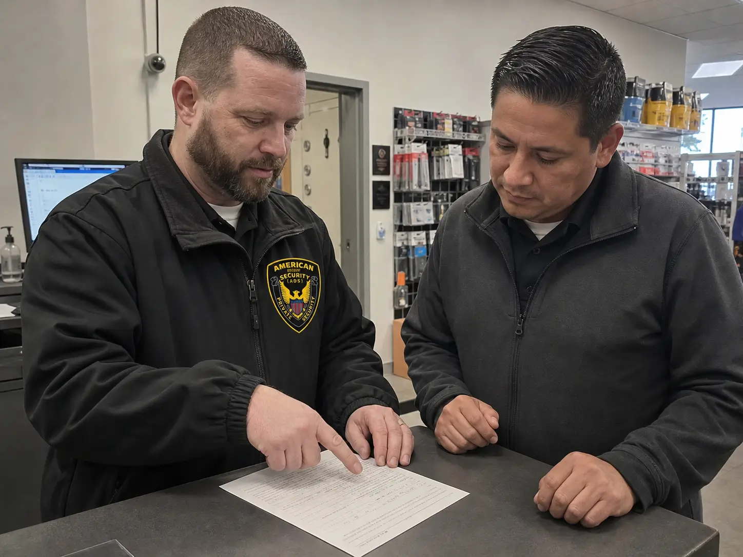 American Discount Security (A.D.S.) Security Guards officer and retail manager reviewing an incident report at a store counter