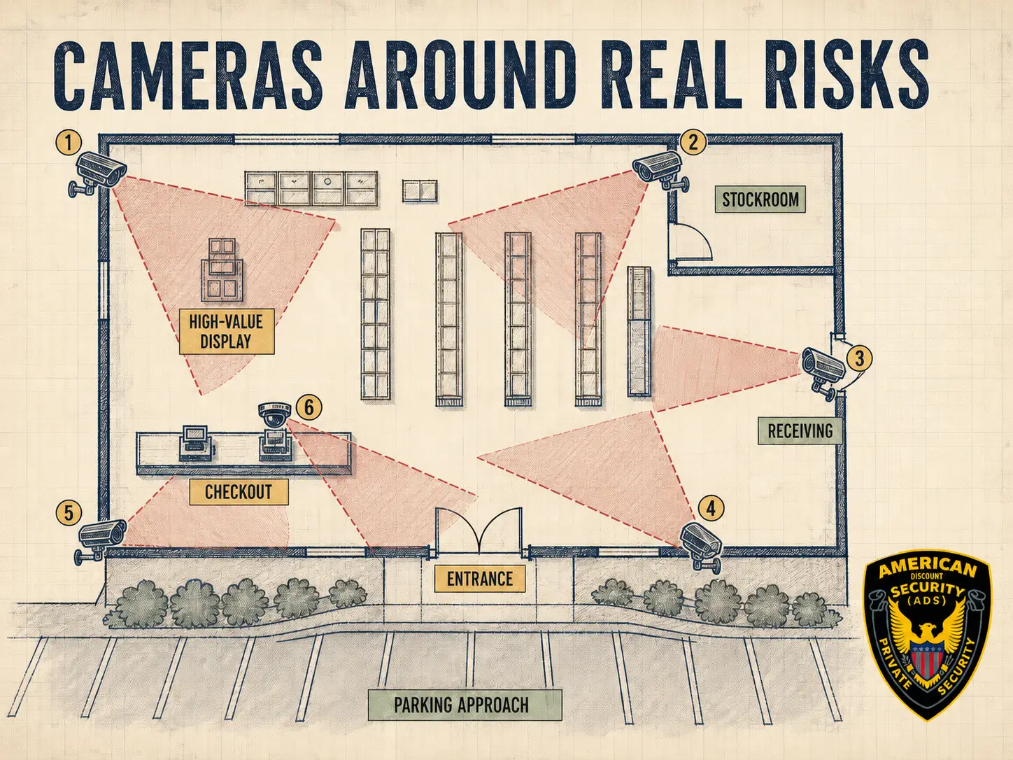 American Discount Security (A.D.S.) Security Guards infographic showing camera placement at a retail entrance, checkout, stockroom, receiving area, and parking approach