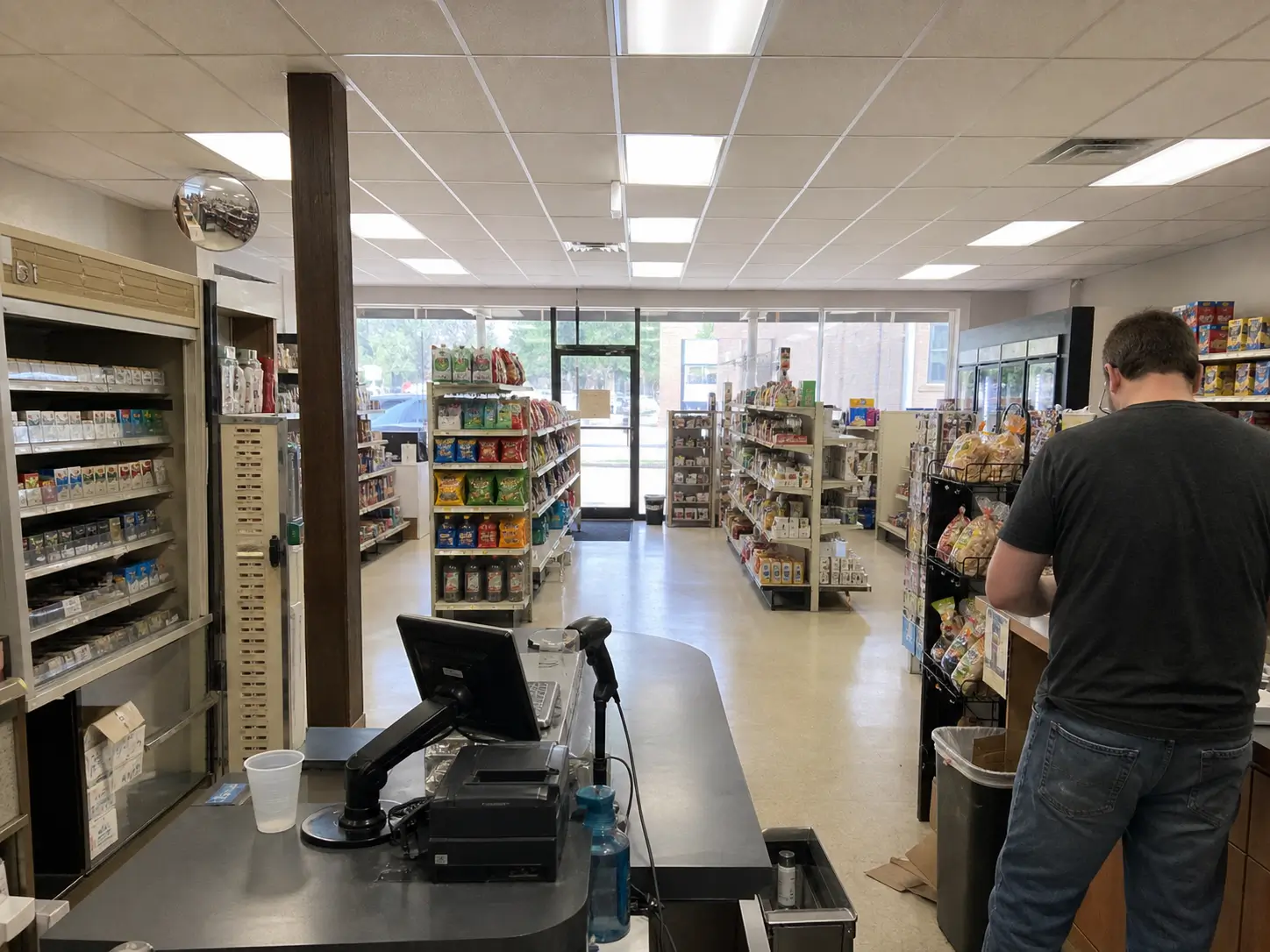 Retail store checkout with clear sightlines across aisles, entrance, and a security mirror