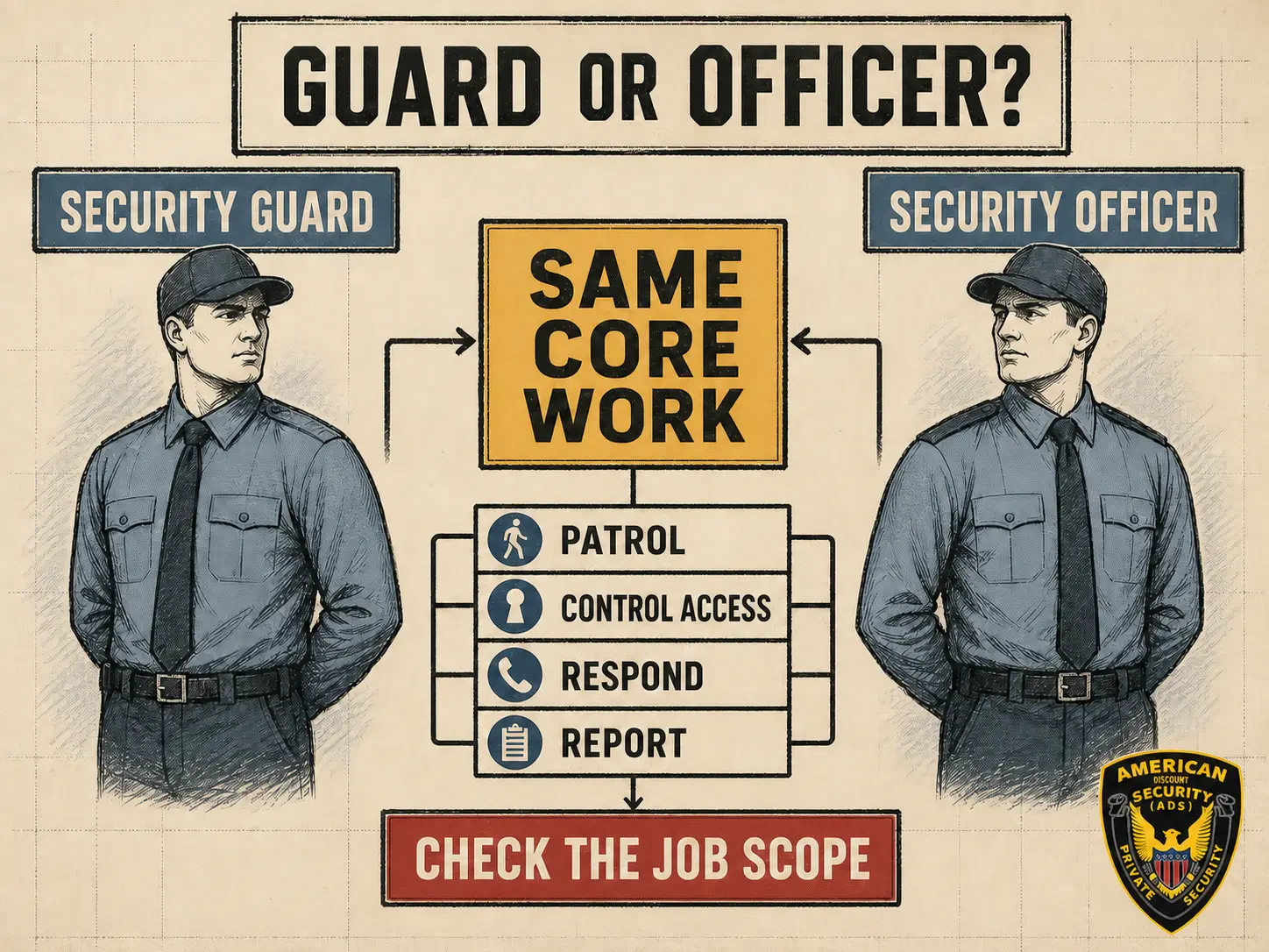 Security guard and security officer infographic showing shared duties such as patrol, access control, response, and reporting.