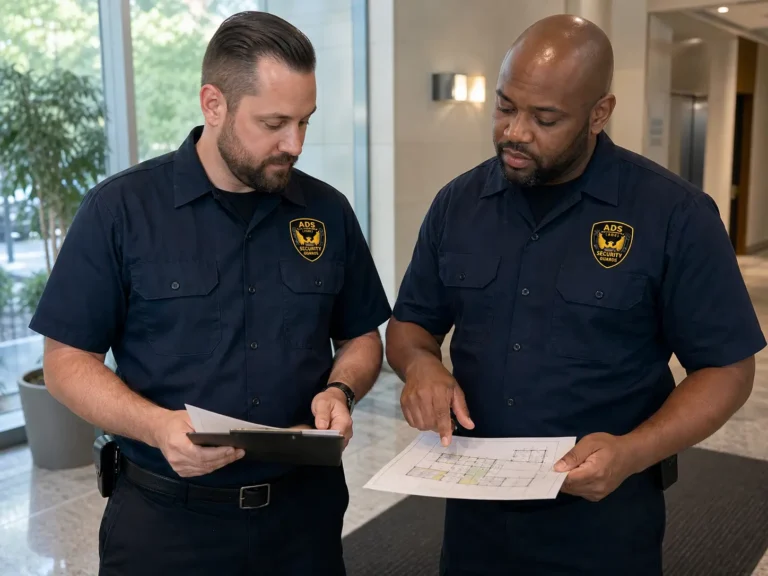 Two American Discount Security (A.D.S.) Security Guards review post orders during a shift briefing in a commercial building lobby.