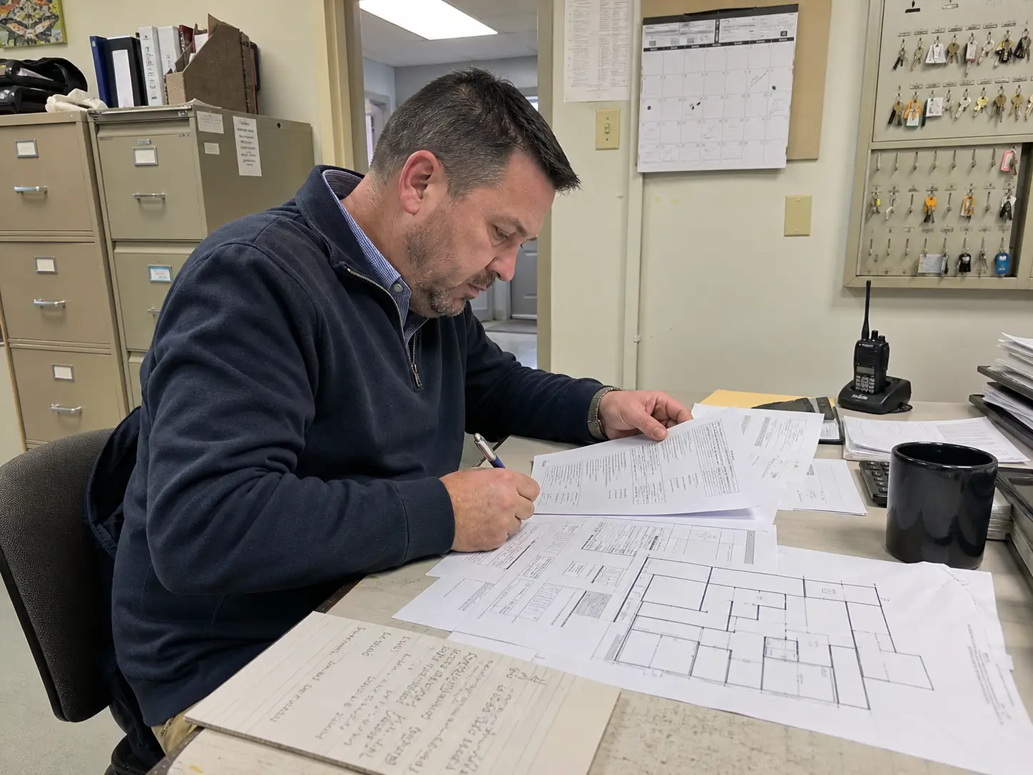 Commercial property manager reviews security service proposals and a building floor plan before hiring security staff.
