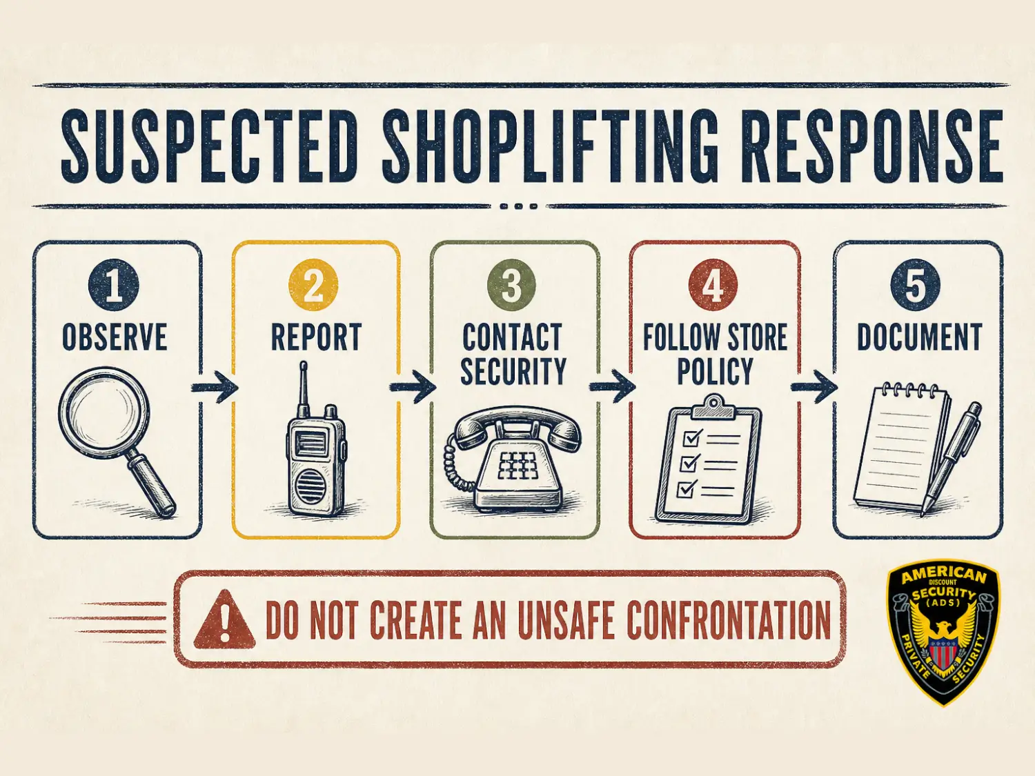 American Discount Security (A.D.S.) Security Guards infographic showing a safe five-step response to suspected shoplifting