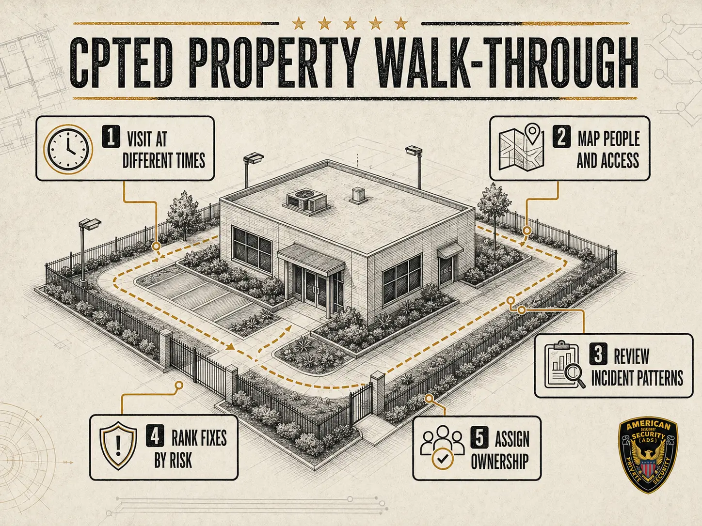 Vintage CPTED property walk-through infographic showing five steps for reviewing a commercial property.