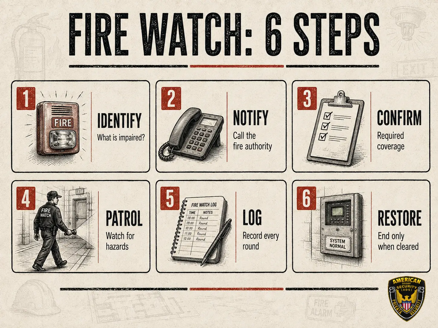 ADS Security Guards fire watch infographic showing six steps: identify, notify, confirm, patrol, log, and restore.