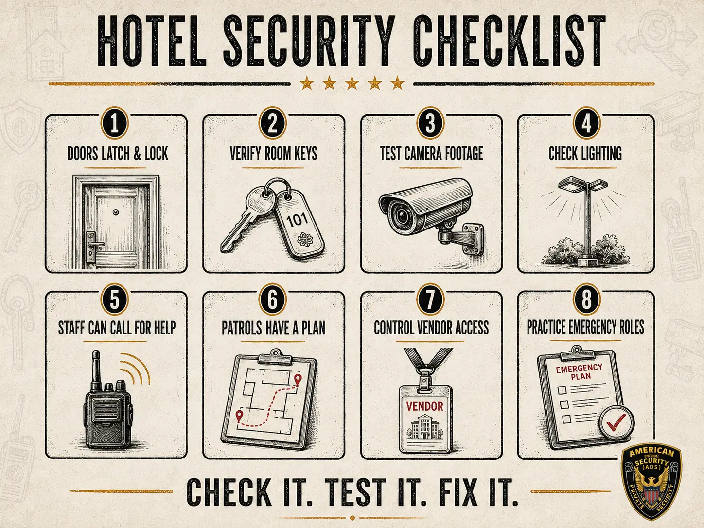 Hotel security checklist covering access, lighting, patrols, staff training, and emergency response