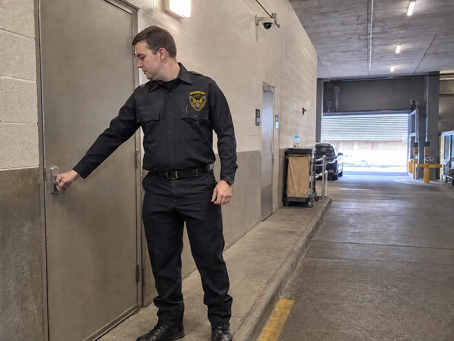 Hotel security guard checking a locked service door during a property patrol