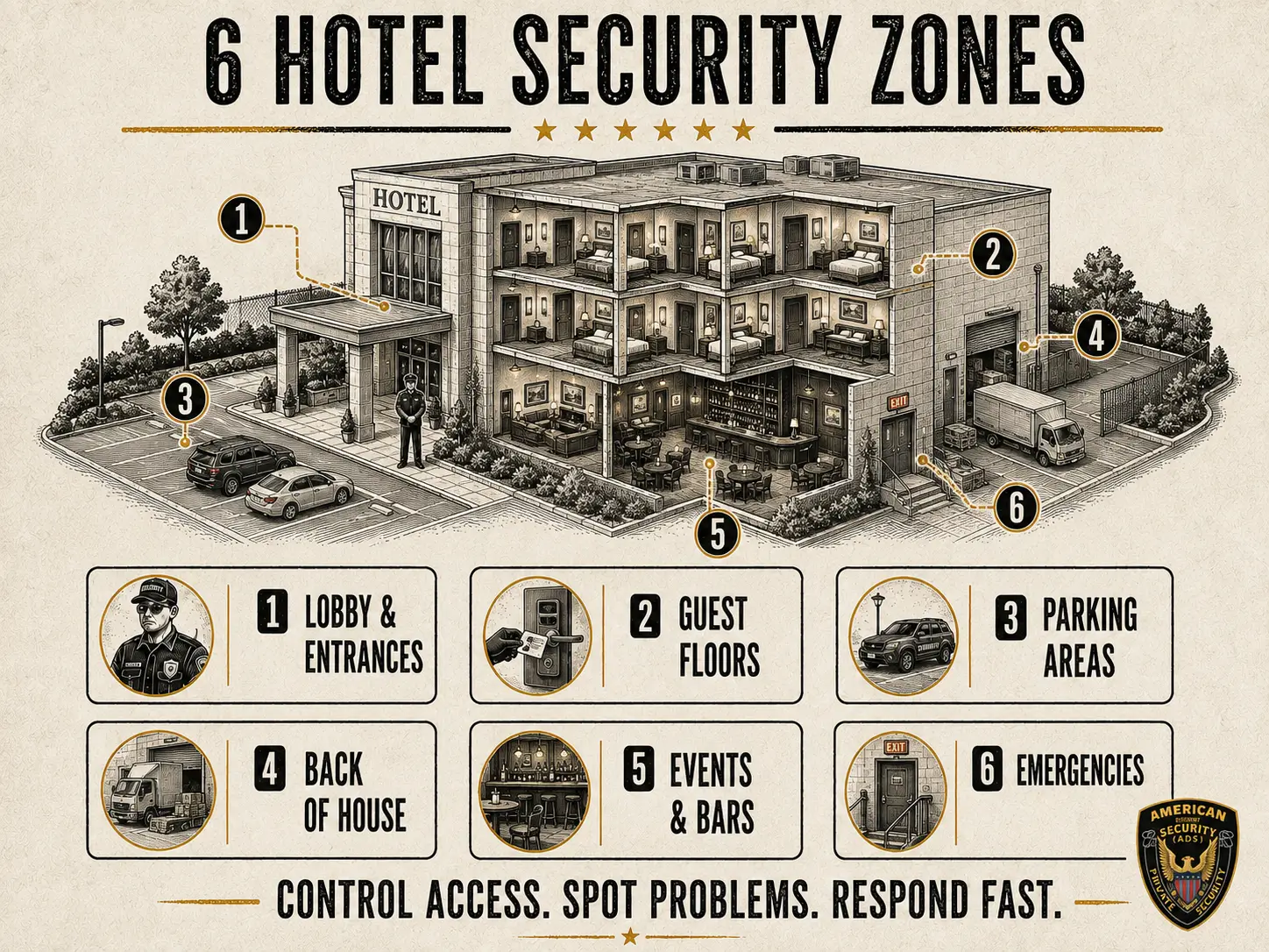 Infographic showing hotel security measures for the lobby, guest floors, parking, back-of-house areas, and emergencies