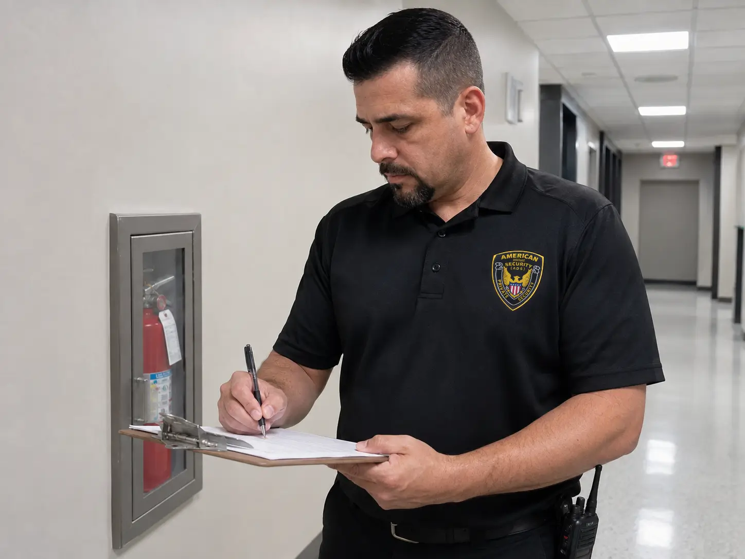 ADS Security Guards fire watch officer writes a patrol log on a clipboard beside a fire extinguisher in a commercial building corridor.