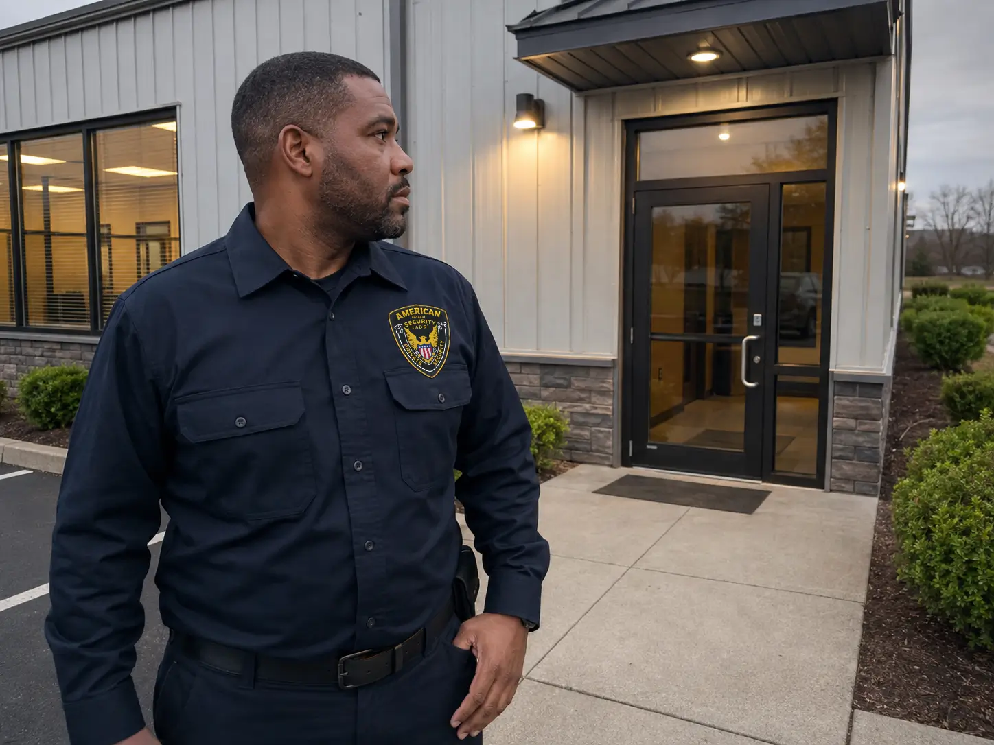ADS Security Guards officer inspects a commercial building entrance during an evening CPTED patrol.