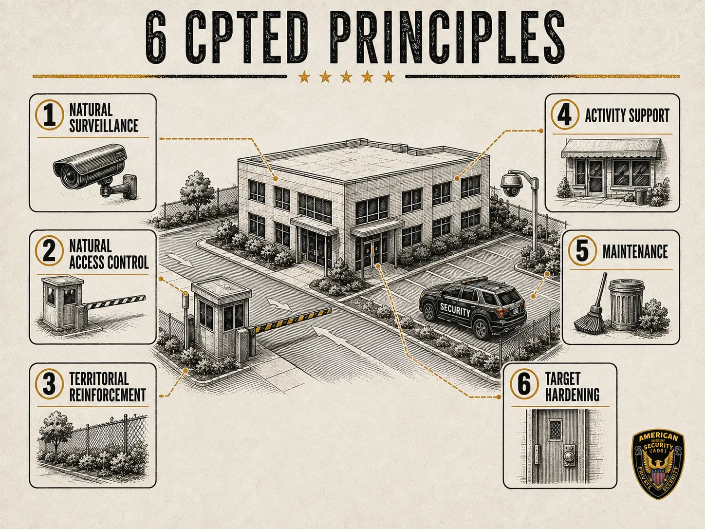 Vintage infographic showing the six CPTED principles for commercial properties: surveillance, access control, territorial reinforcement, activity support, maintenance, and target hardening.