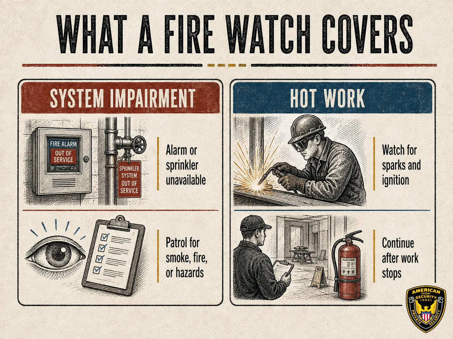 Vintage infographic comparing fire watch coverage for a fire protection system impairment and for hot work.
