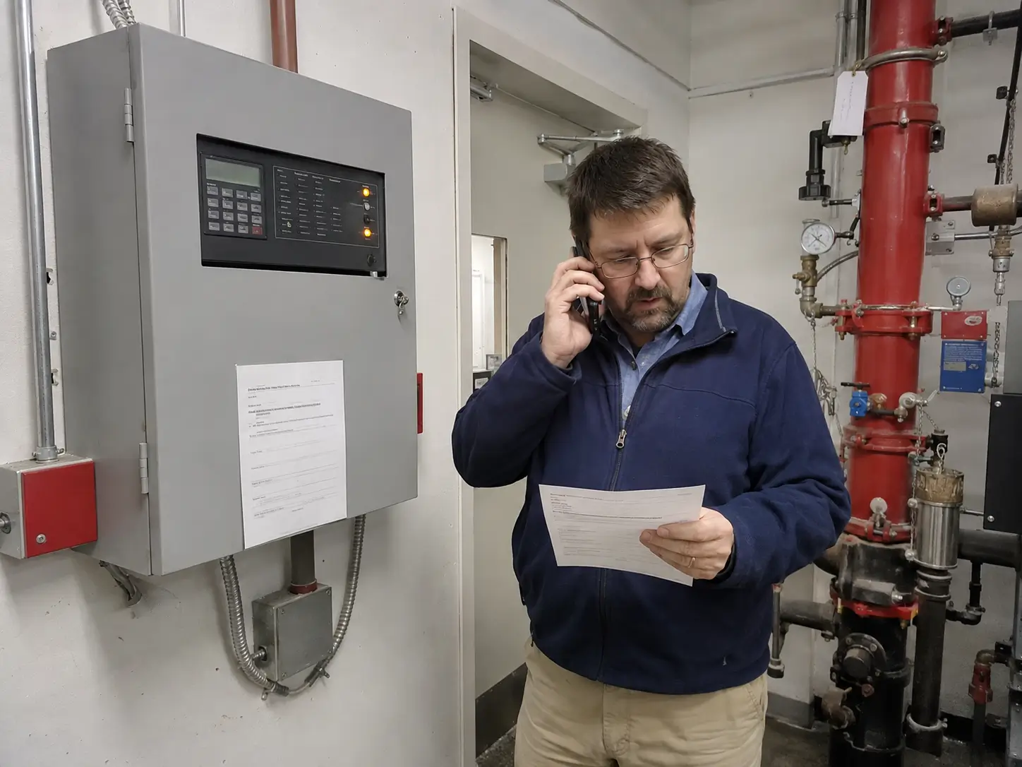 Property manager reports a fire alarm system trouble condition beside sprinkler equipment in a California commercial building.